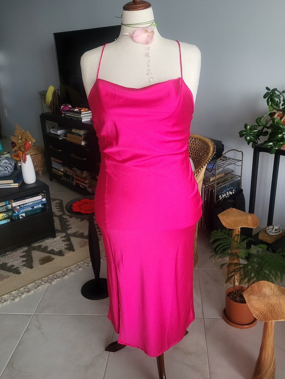 Kilo Brava hot pink Satin Cowl Neck Midi Slip Dress - XL (NWOT)